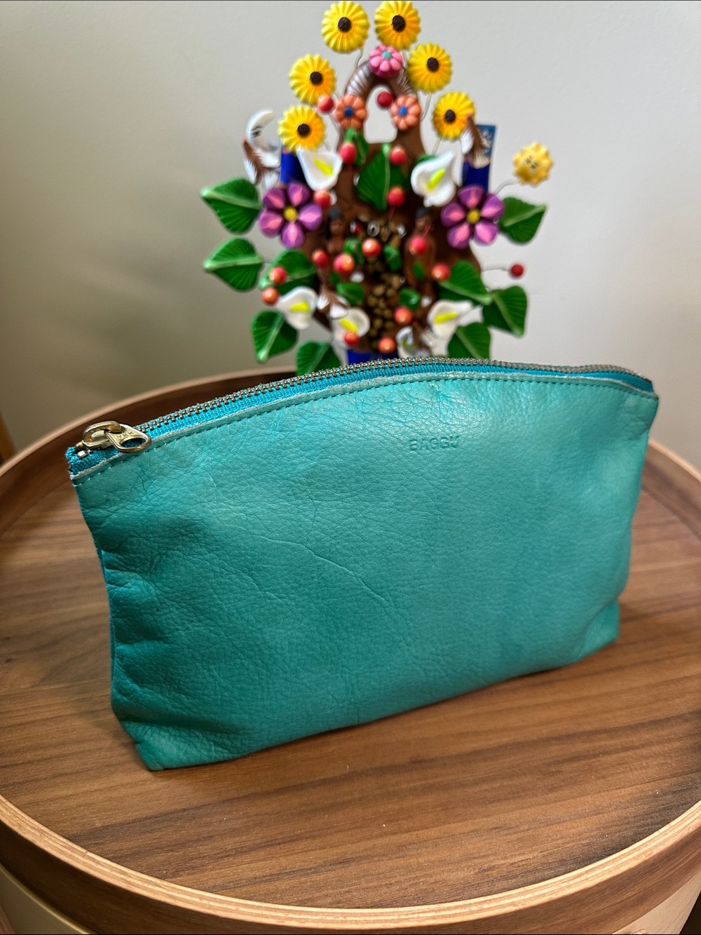 Baggu Vintage Turquoise Leather Zip Pouch